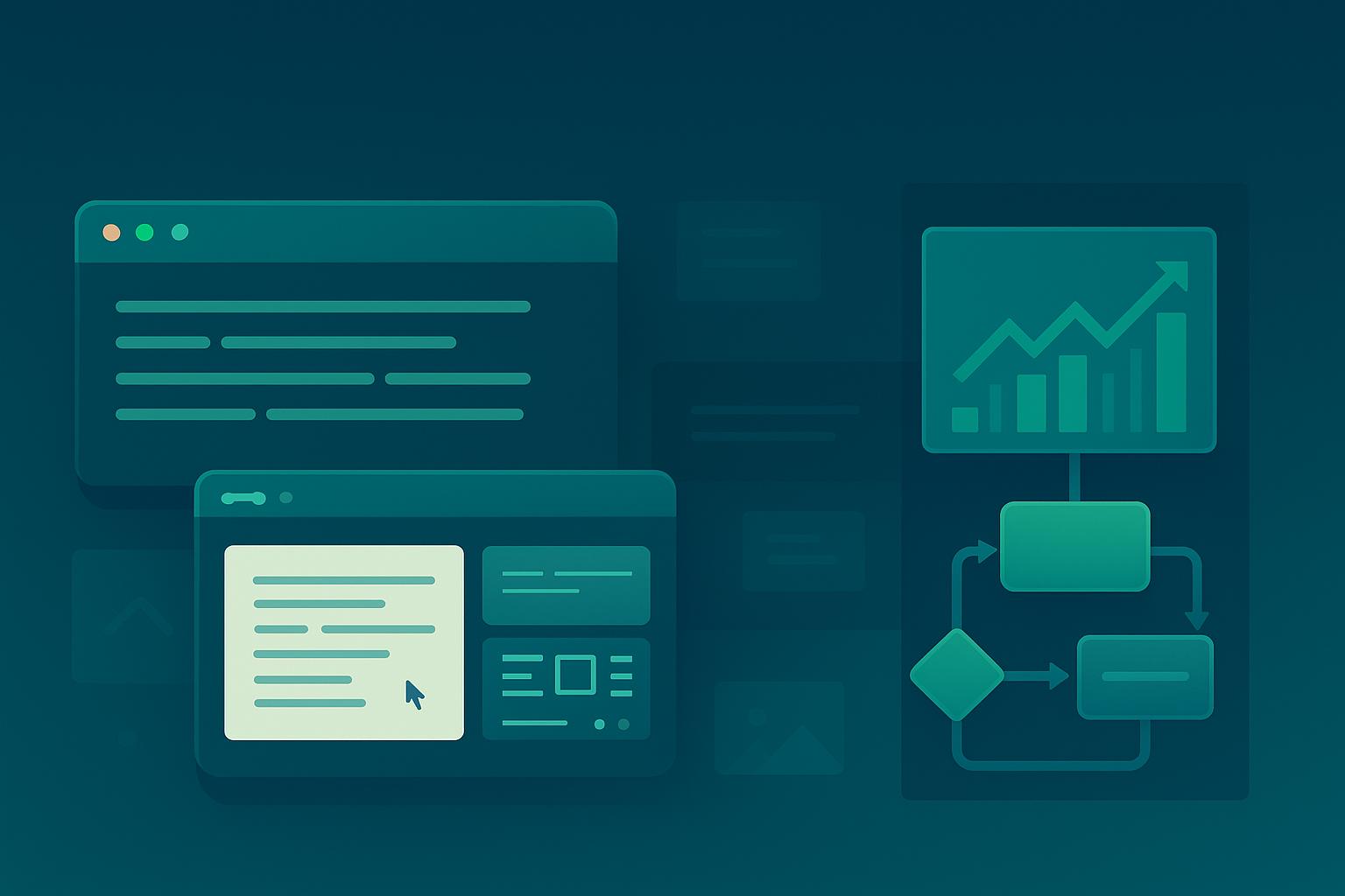 A digital interface with GPT-generated content, analytics graphs, and automation flowcharts in a clean teal layout