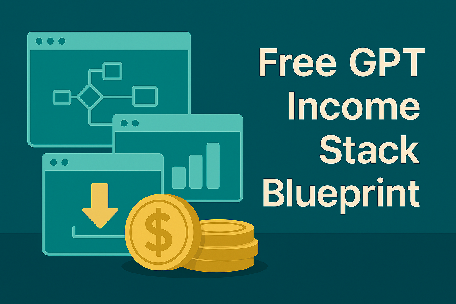 2D digital illustration of a download interface showcasing a GPT-powered income stack with browser windows, charts, and automation elements orbiting a central flow diagram