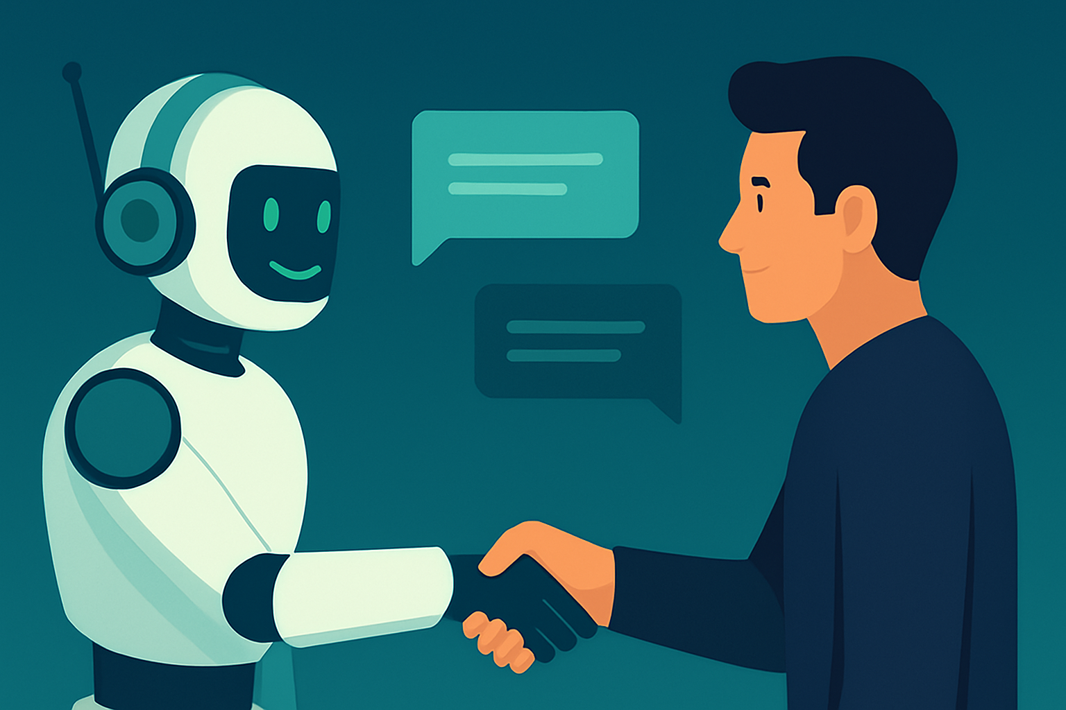 A man and a humanoid AI chatbot shake hands in front of two floating chat bubbles, symbolizing digital communication and collaboration