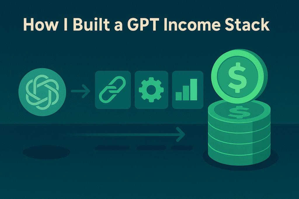 A GPT icon flows into tool integrations and a growing coin stack, representing an automated income system