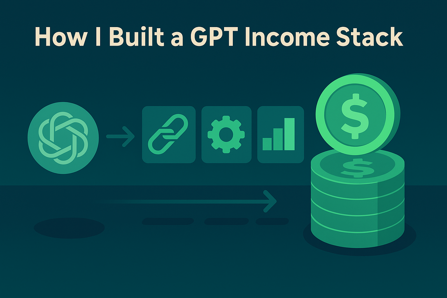 A GPT icon flows into tool integrations and a growing coin stack, representing an automated income system