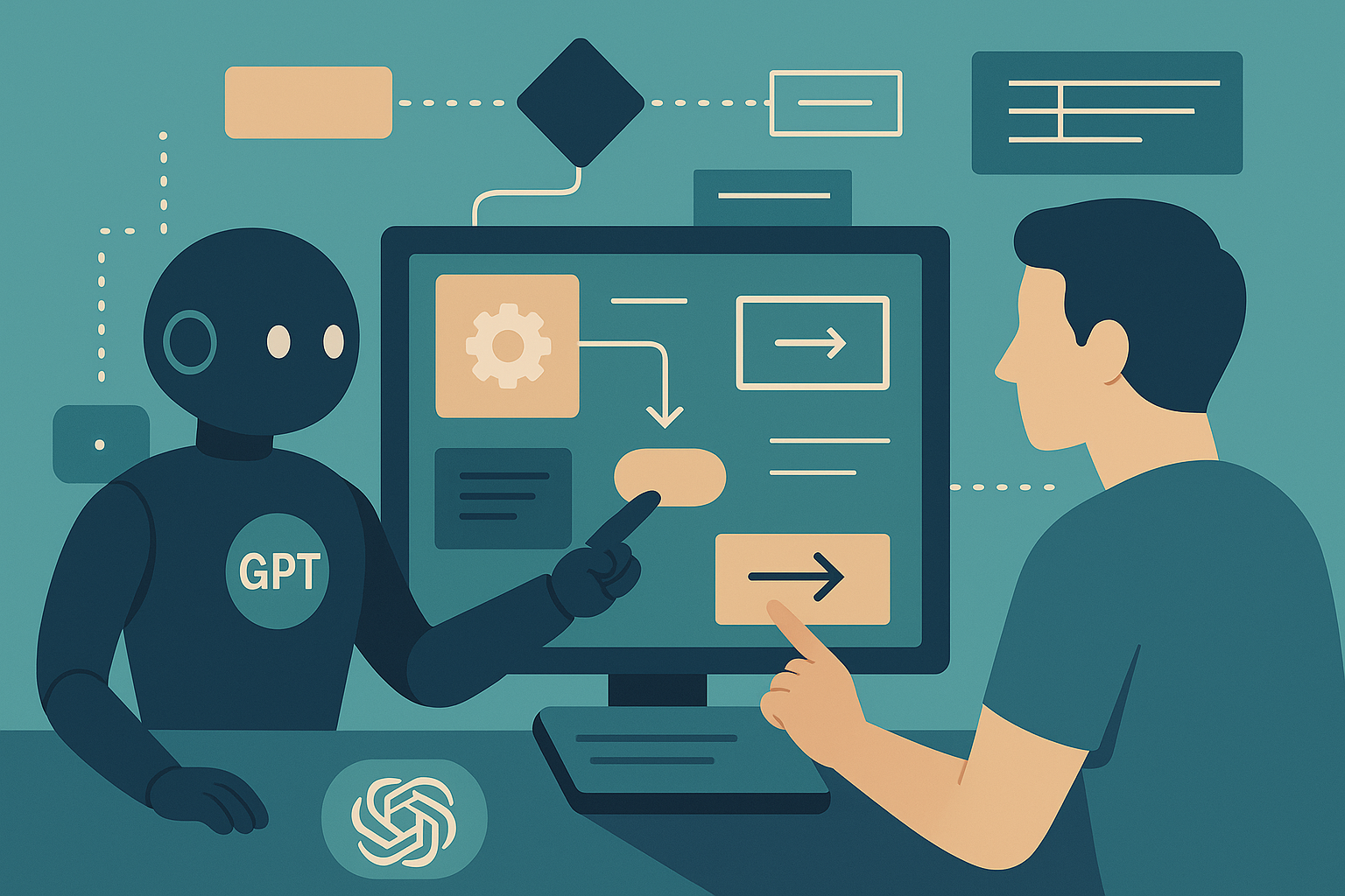 Flat-style digital illustration of a human working alongside an AI assistant to design a system. Floating flowchart elements, interface panels, and dotted line connections represent automation logic and GPT-powered execution.