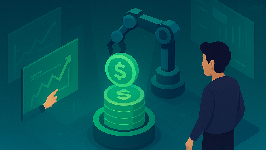 GPT-powered income stack illustration: robot arm, money growth