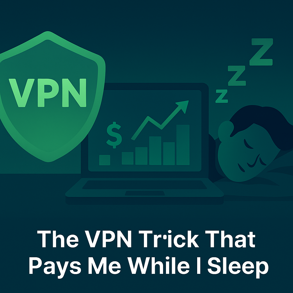 A sleeping man beside a glowing dollar icon and VPN shield, representing passive affiliate income powered by stealth tools