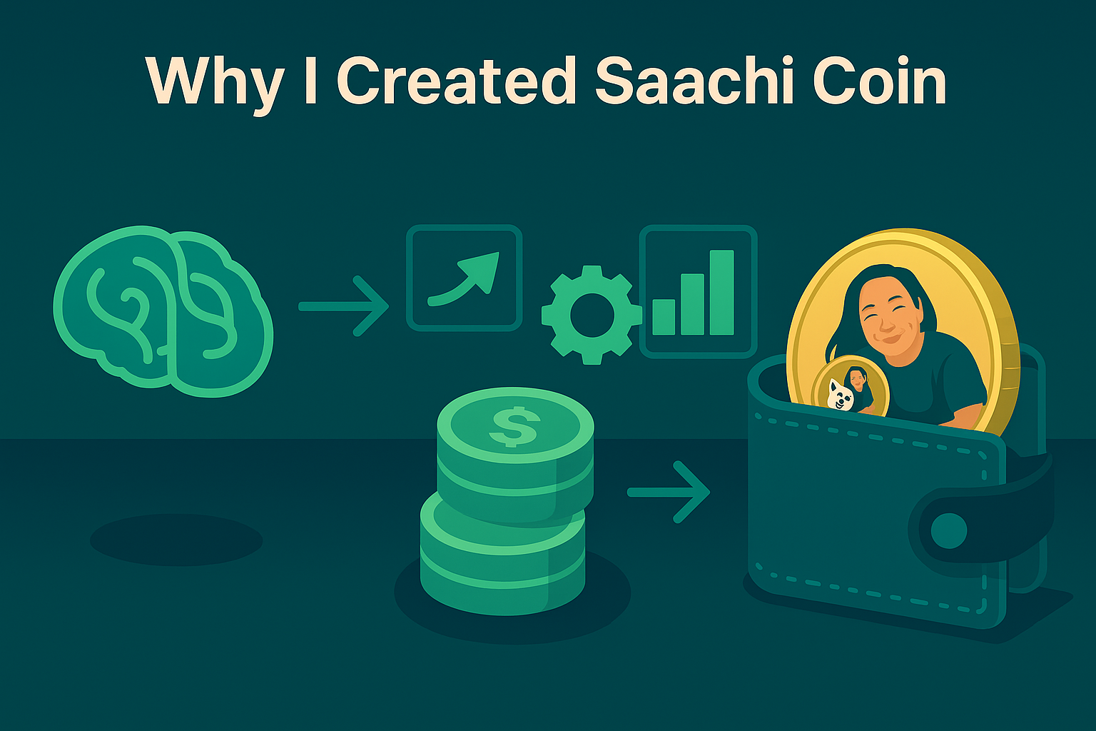 A digital Saachi Coin stamped with the image of a woman and dog, subtly placed within a tokenized blockchain and GPT logic flow